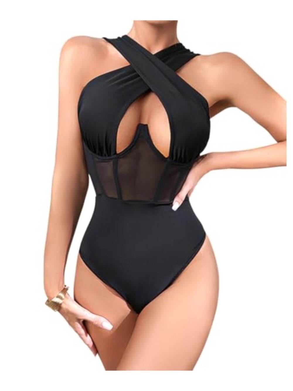 Women Halter Criss Cross Bodysuit Sexy Cut Out Leotard Top